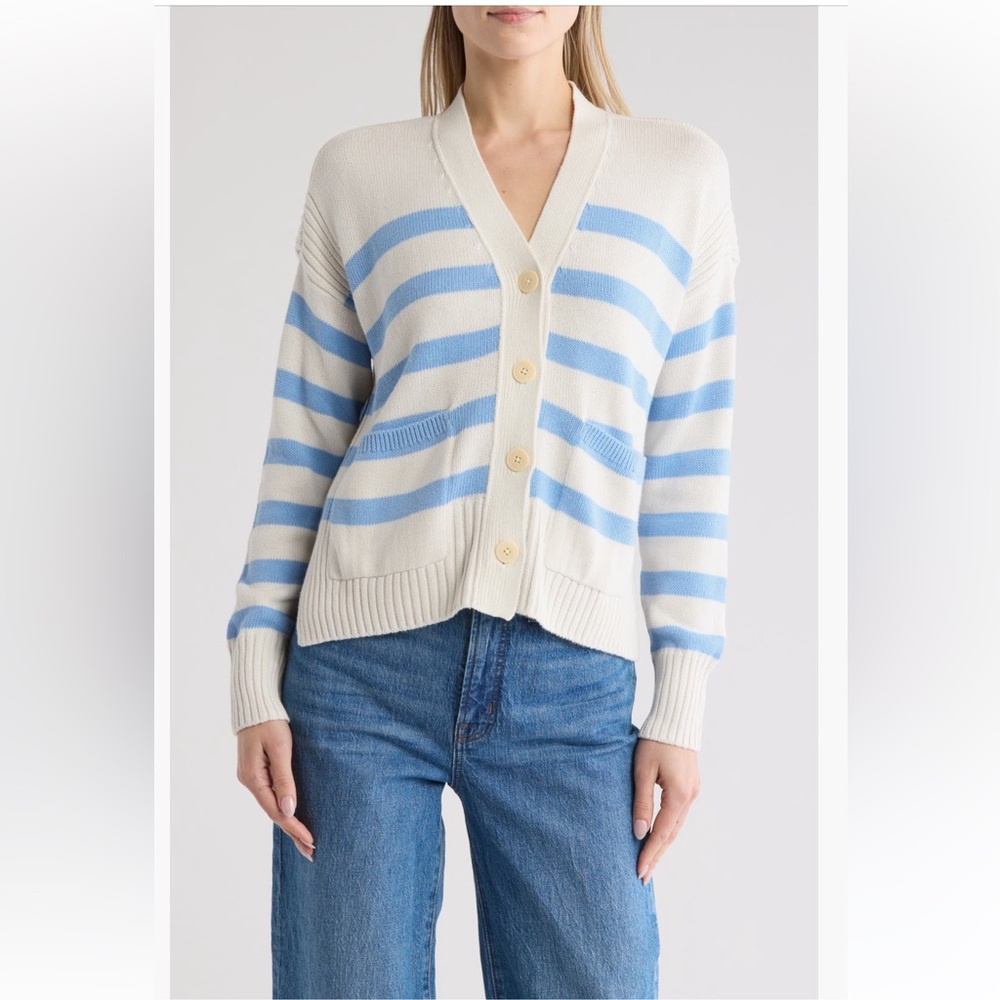 Madewell Blue Stripe Sharon V-Neck Emmett Cardigan Sweater